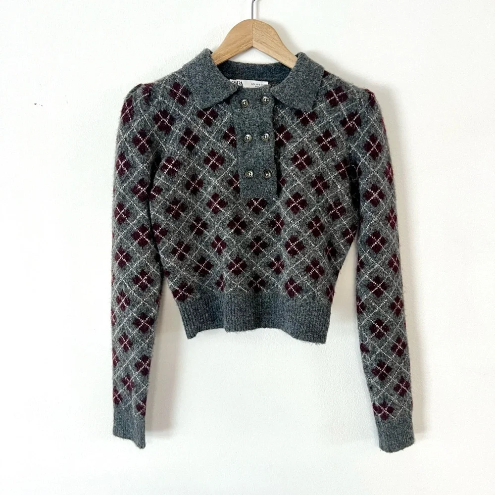 Zara Gray Knit Argyle Shorts & Long Sleeve‎ Collared Top Wool Blend Set Size S/M